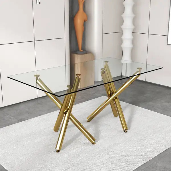 Large Rectangular Glass Dining Table for 6-8 | Modern Minimalist Design | Golden Chrome Legs | 71" W x 39" D x 30" H