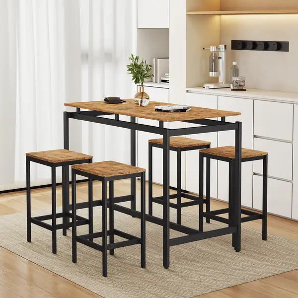 TREXM 5-Piece Compact Bar Table Set - Industrial Dining Set with Stools (Brown)