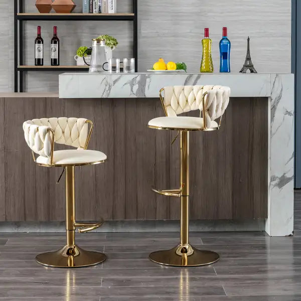 Cream Velvet Swivel Bar Stools Set of 2 - Height Adjustable & Chrome Base - Minihomy