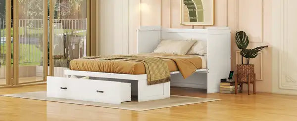 Full Size Murphy Bed with USB Port, Drawer & White Finish - Minihomy