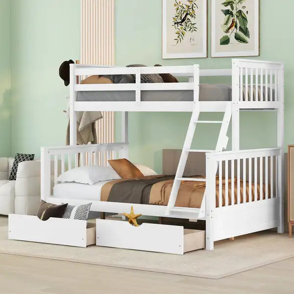 Twin Over Full Bunk Bed with Ladders & Storage Drawers - White