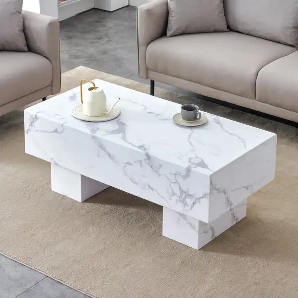 White Coffee Table with Patterns - Modern Rectangular Living Room & Apartment Table - 43.3"x21.6"x17.2"