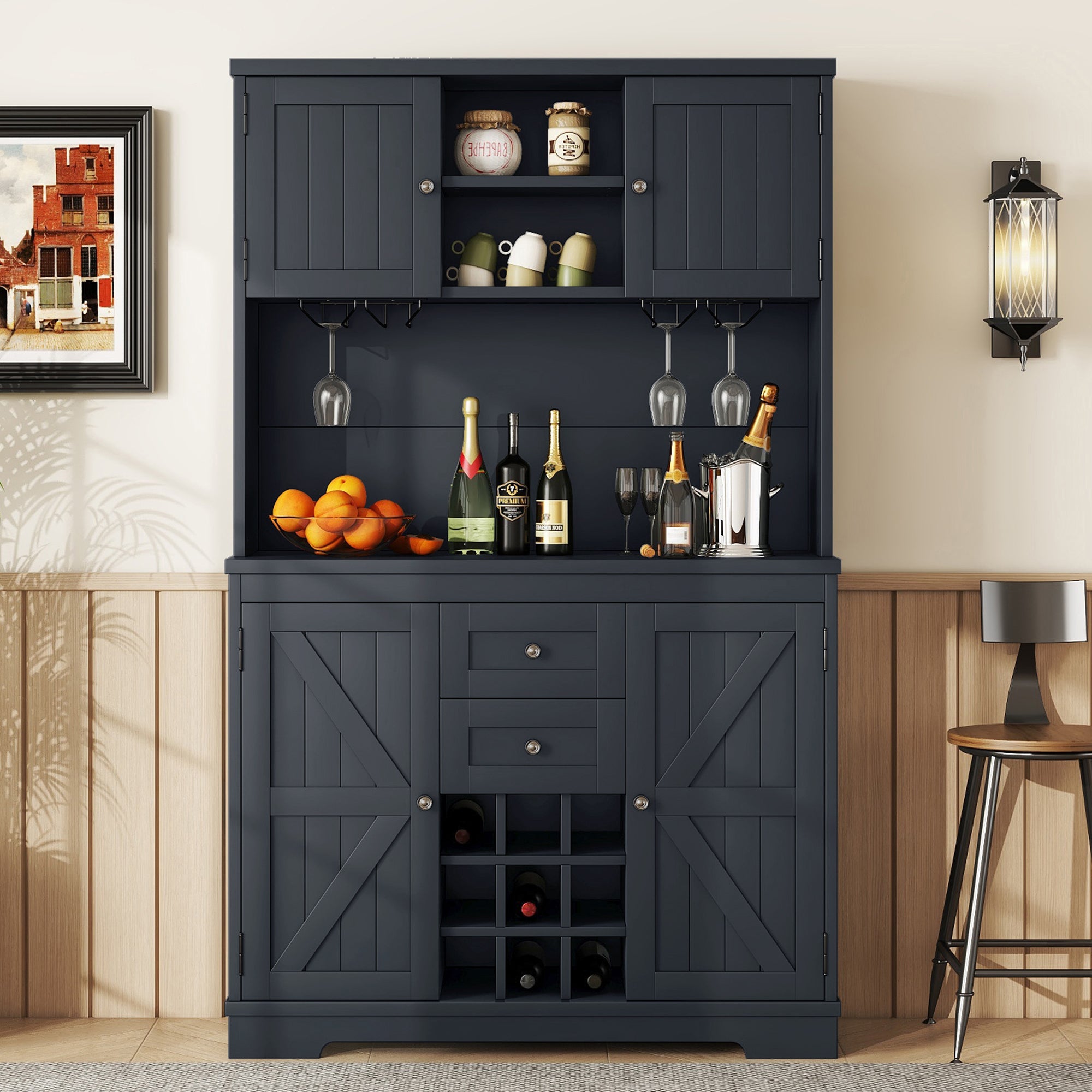 Farmhouse Coffee Bar Cabinet with Storage, Wine Rack & Drawers, Dark Blue - Kitchen & Dining Room Buffet