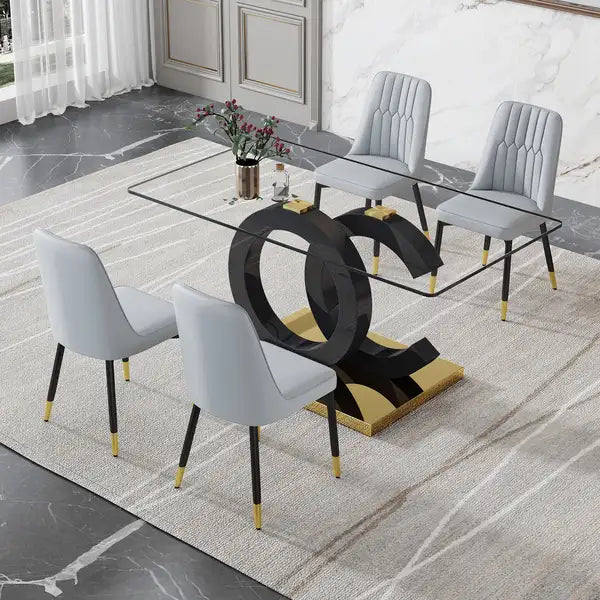 Modern Minimalist Glass Dining Table for 6-8 | Black Metal Base & Tempered Glass Top - Minihomy