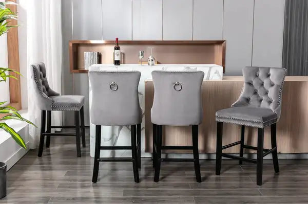 Contemporary Velvet Barstools Set of 2 with Button Tufted, Wooden Legs & Chrome Nailhead Trim (Gray) - Minihomy