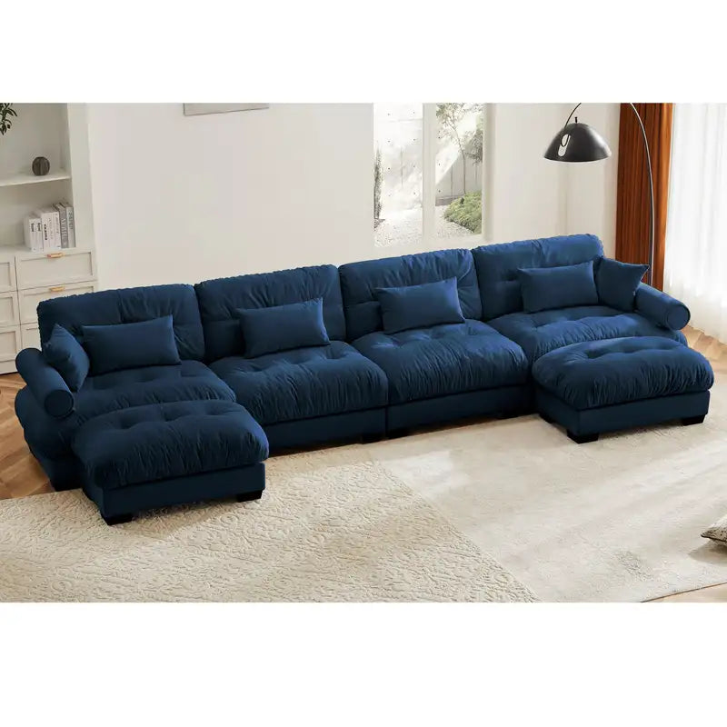 Modern Velvet U-Shaped Sectional Sofa with Ottomans - Blue