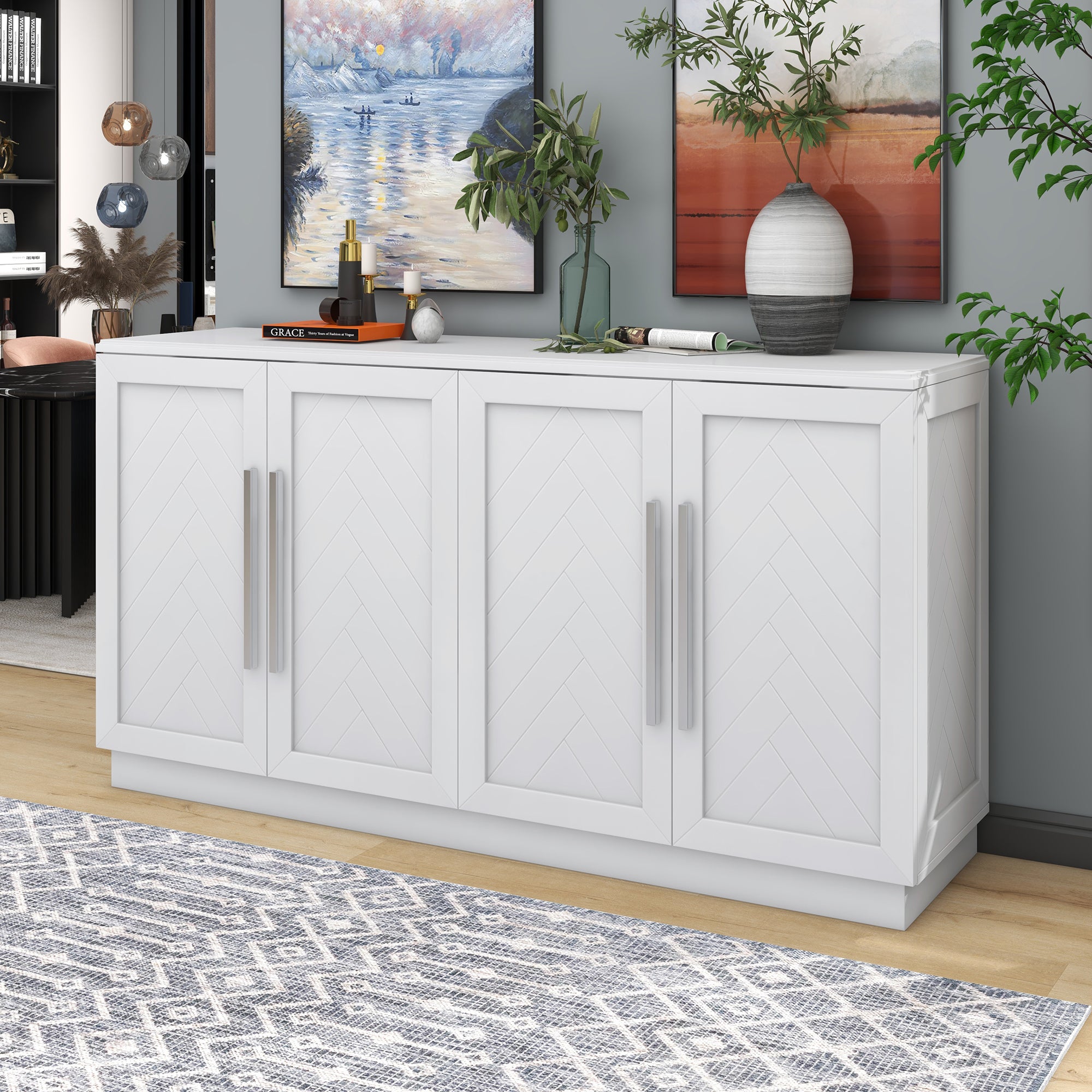 White Sideboard with 4 Doors | Large Storage Buffet Cabinet for Living Room, Kitchen, Dining Room