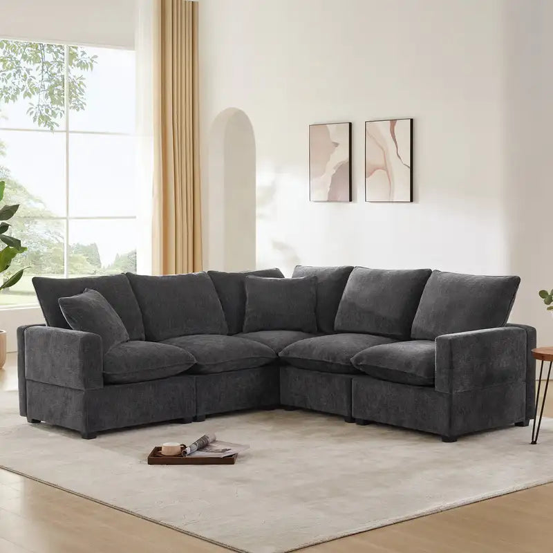 Modern L-Shaped Sectional Sofa (84x84") - 5 Seats, 2 Pillows, Chenille