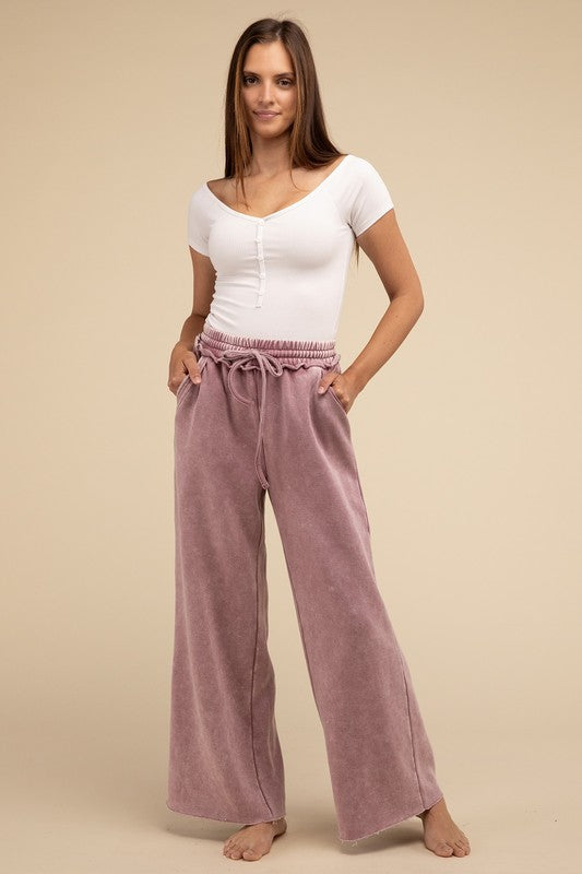 Acid Wash Fleece Palazzo Sweatpants with Pockets - Comfy & Stylish