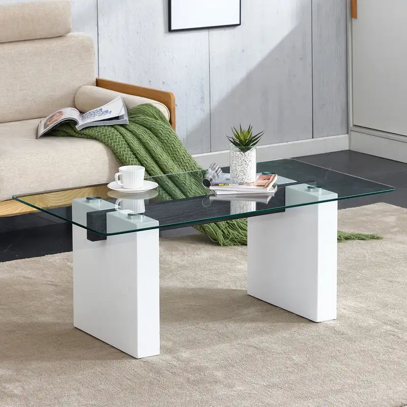 Modern Glass Coffee Table with White Columns - Computer & Game Table CT-1546