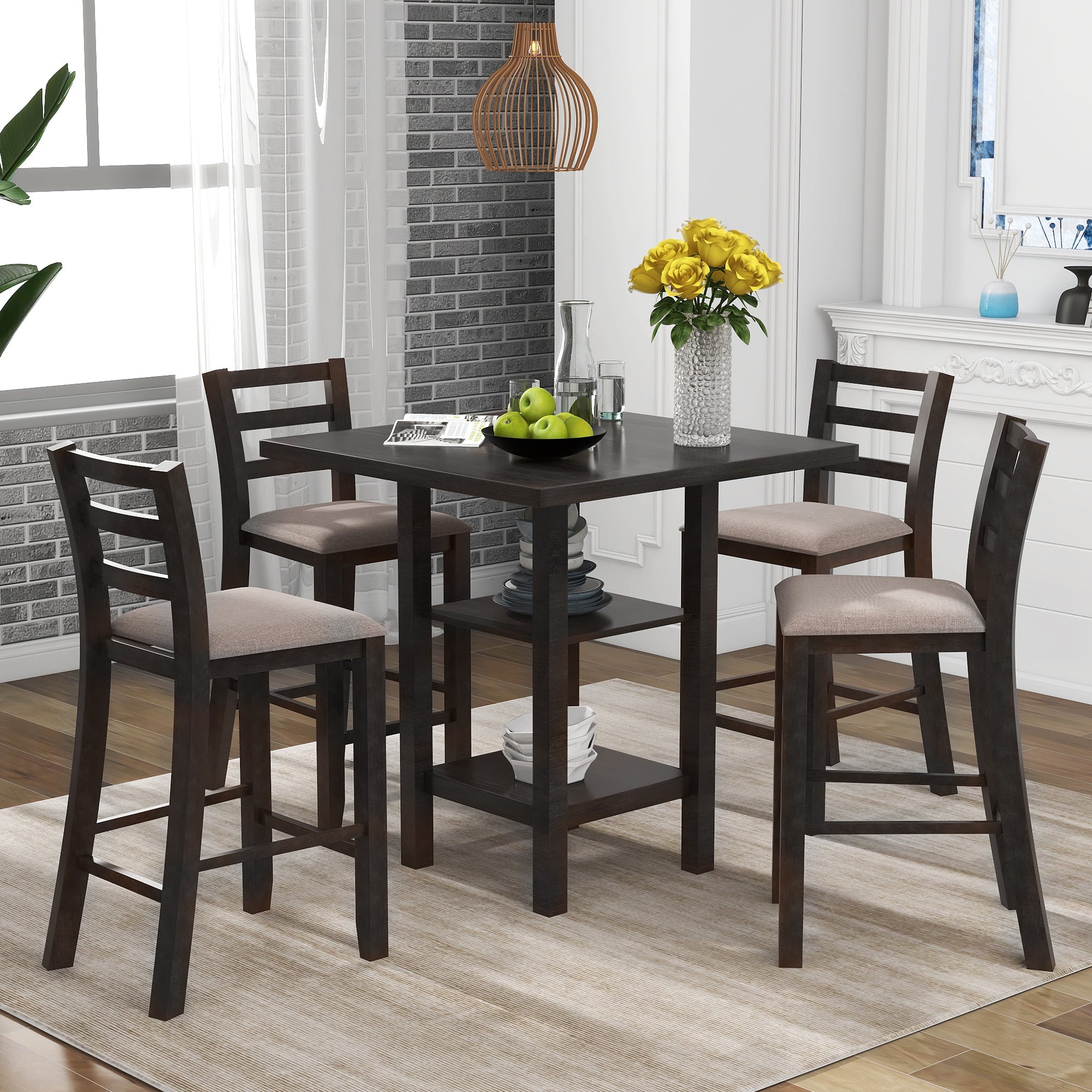 TREXM 5-Piece Wooden Counter Height Dining Set with Storage (Espresso)