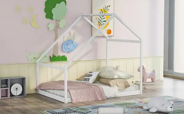 Full Size White Wooden House Bed for Kids and Adults