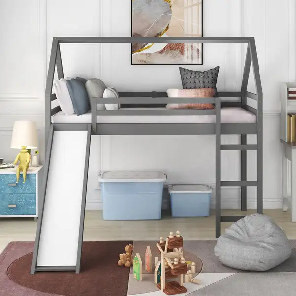 Twin Loft Bed with Slide | Gray Kids Bunk Bed with Slide - WF281158AAE