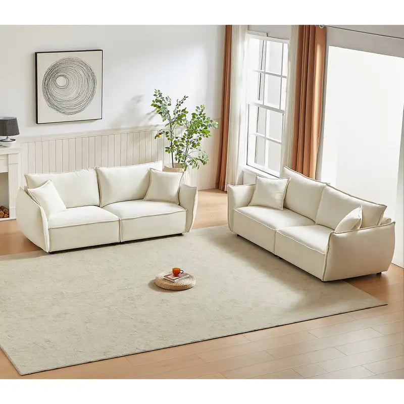 Modern 6-Seater Linen Sofa Set with Wooden Frame & 4 Pillows