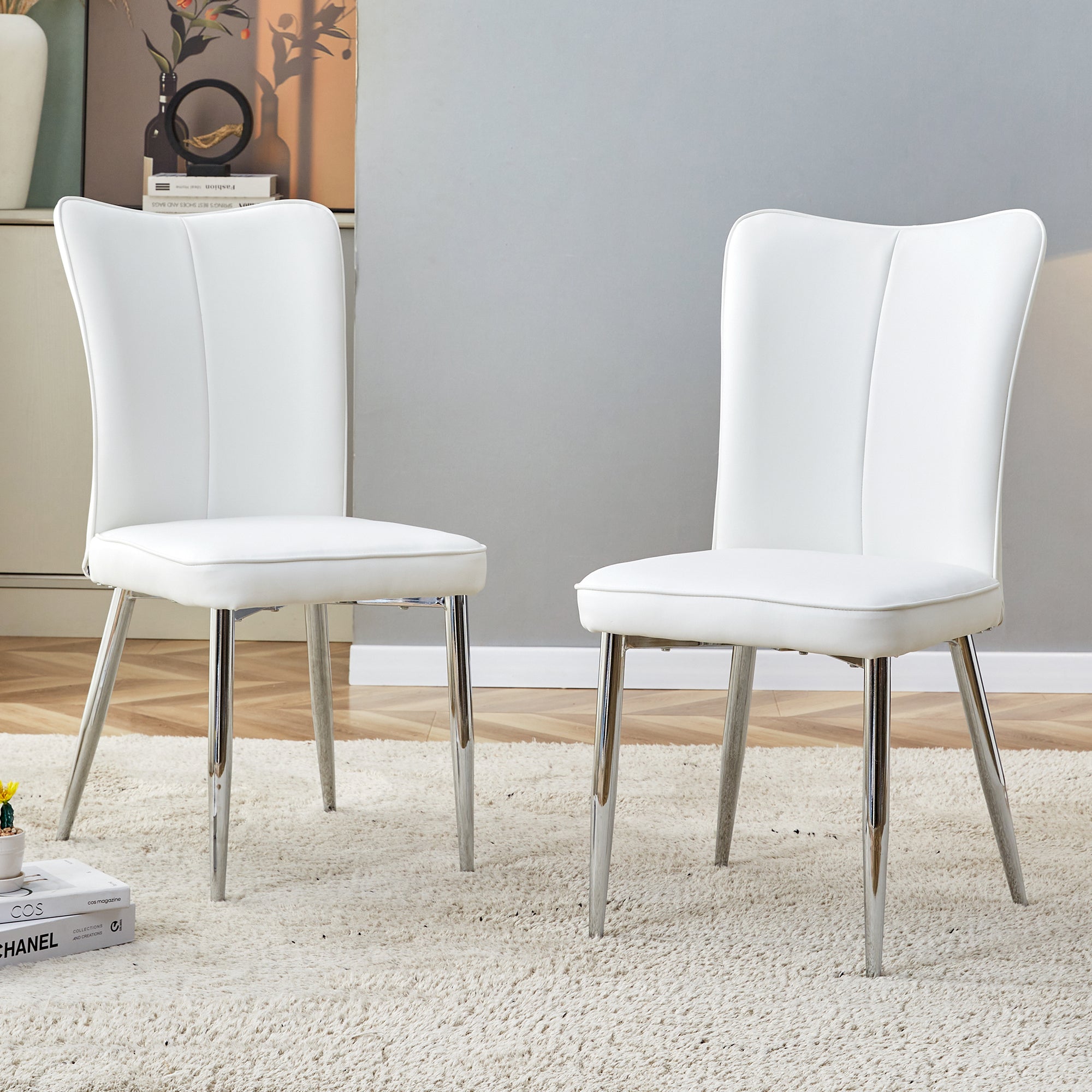 2-Piece Modern Dining Chairs Set - White PU Seat, Silver Metal Legs - Office, Restaurant, Living Room - C-008