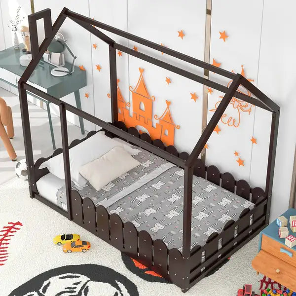 Twin Wood Bed Frame with Fence - Espresso - Kids Bed House