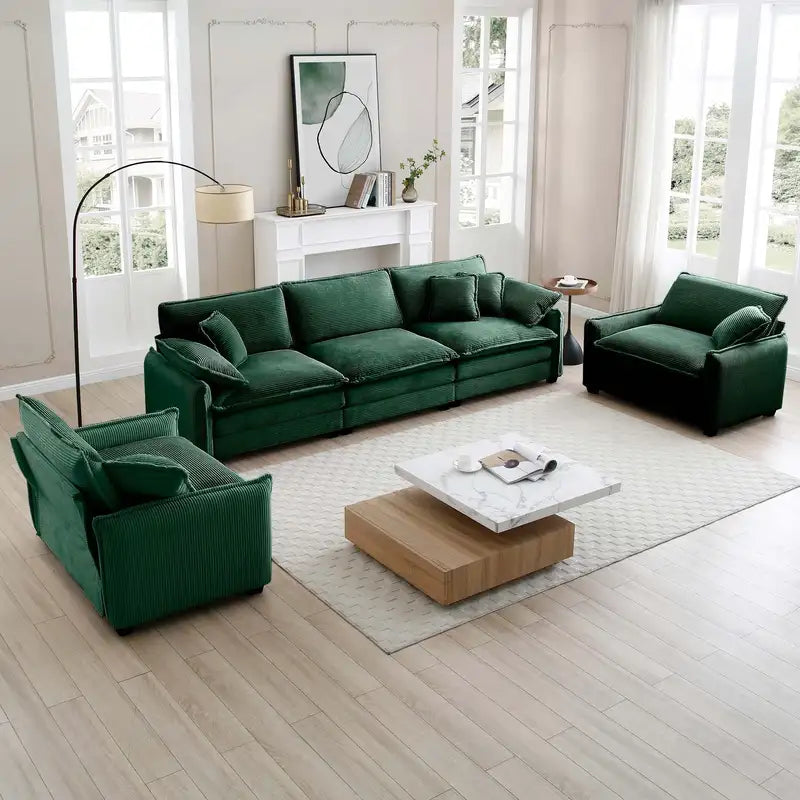 Green Corduroy Sofa Set: 3-Seater & 2 Single Sofas - Cozy Home Theater Seating