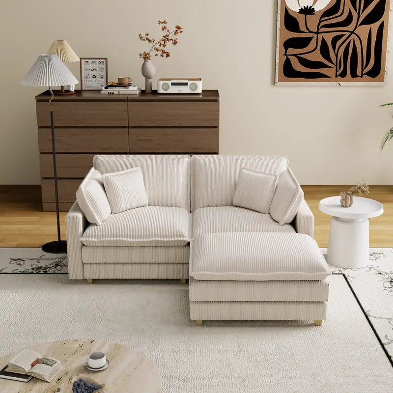 Beige L-Shaped Modular Sectional Sofa with 4 Pillows