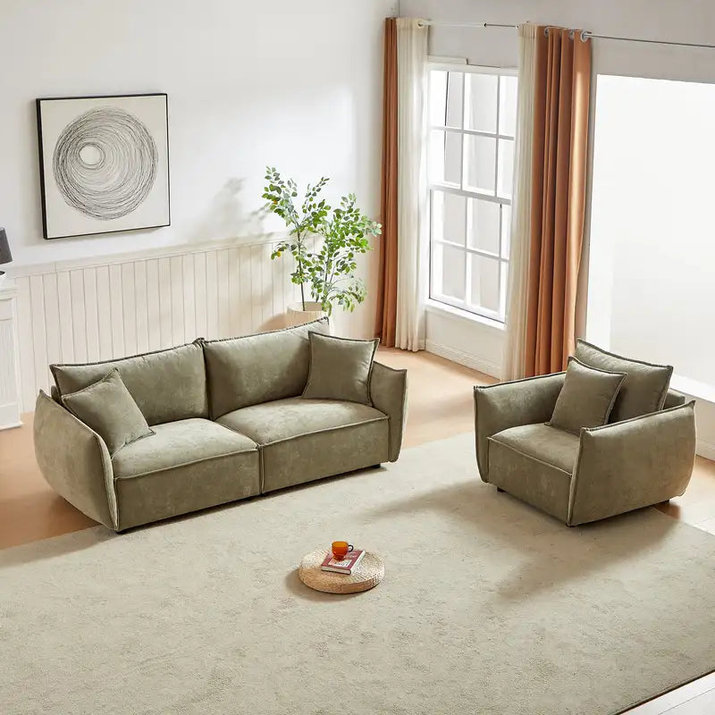 Modern Linen Sofa Set: 3+1 Seater, Wooden Frame, Pillows