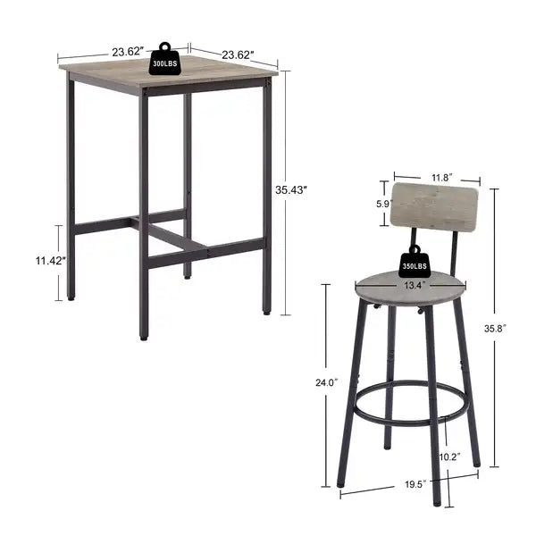 Grey Bar Table Set with 2 Stools, PU Soft Seat & Backrest, 23.62" W x 35.43" H - Minihomy