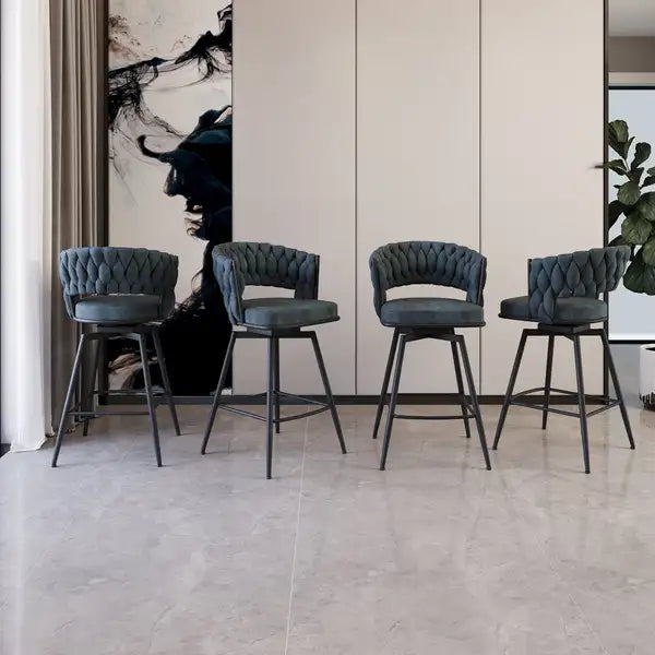 Set of 4 Blue Suede Bar Stools with Backrest, Swivel, Footrest & Black Legs - Kitchen Island Counter Chairs