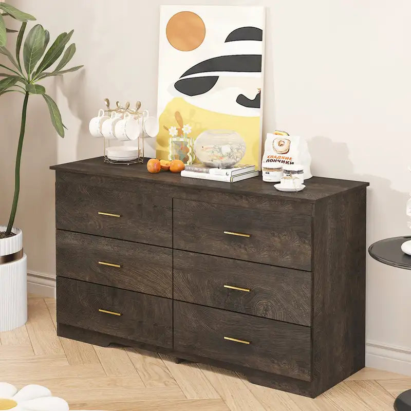 Gray Wood Grain Buffet Sideboard with Gold Handles - Storage Cabinet