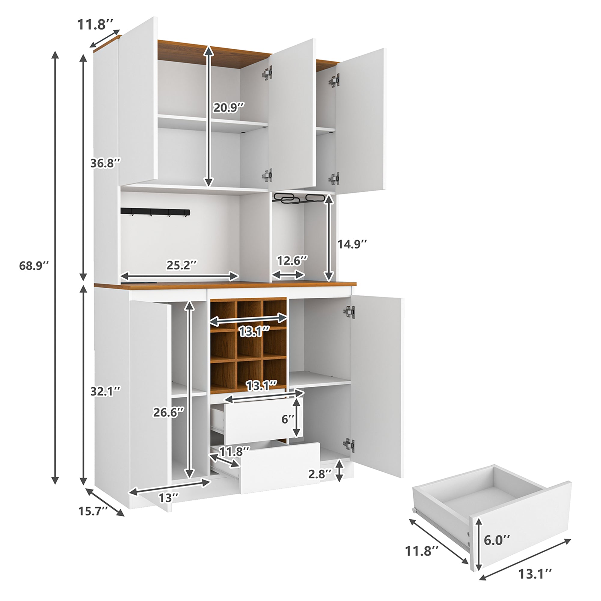 Farmhouse Coffee Bar & Wine Cabinet - 68.9" Kitchen Buffet with Storage - Liquor Cabinet for Home & Dining Room