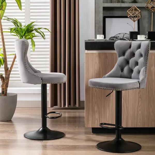 Gray Velvet Swivel Bar Stools with Backs - Adjustable Height (25-33 Inch), Set of 2 - Minihomy