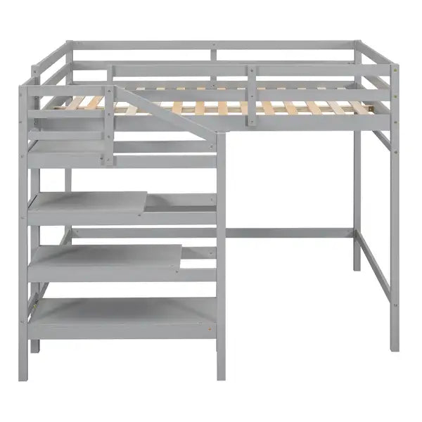 Full Size Loft Bed with Storage Staircase & Clothes Hanger - Gray - Minihomy