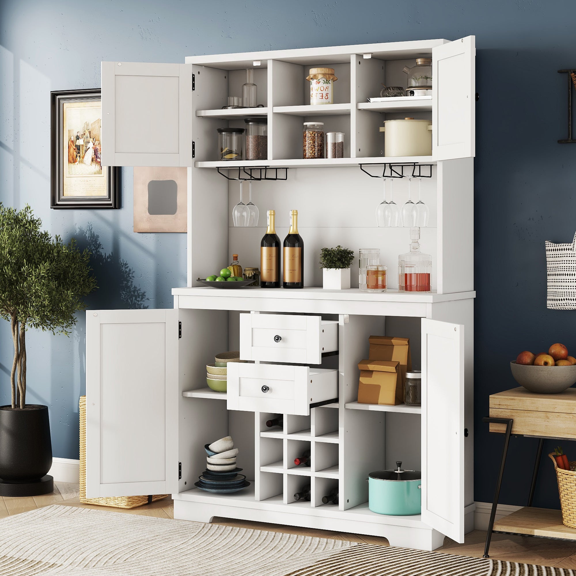 White Farmhouse Coffee Bar Cabinet with Wine Storage & Drawers - Kitchen Buffet for Dining Room