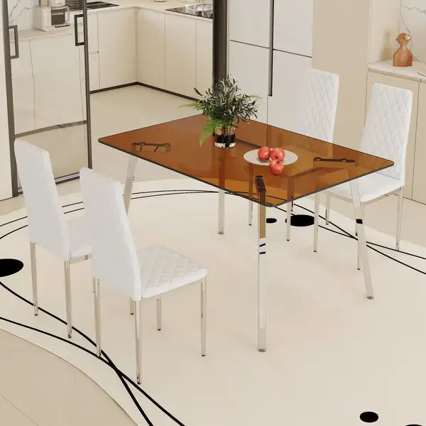 Modern Glass Top Dining Table Set with 4 White Chairs - Brown & Silver