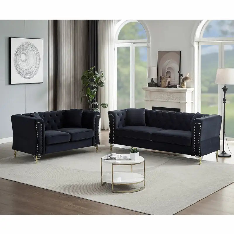 3-Piece Tufted Rolled Arm Sofa Set with Nailhead Trim & Pillows