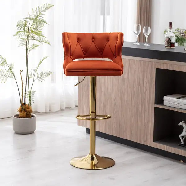 Orange Velvet Bar Stools with Back & Footrest - Set of 2 - Counter Height Dining Chairs - Minihomy