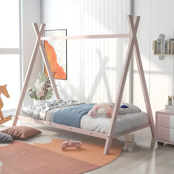 Twin Metal Play House Bed Frame for Kids - No Box Spring Needed - Pink