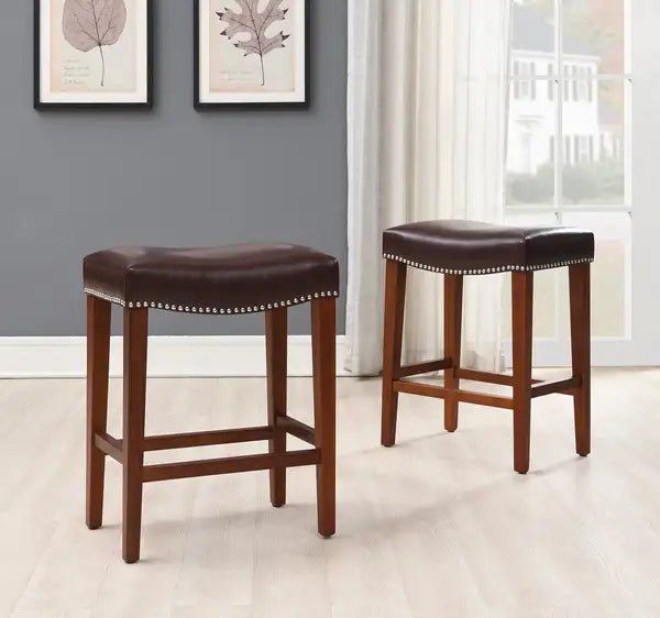 Dark Brown Leather Barstools - Set of 2 - Minihomy