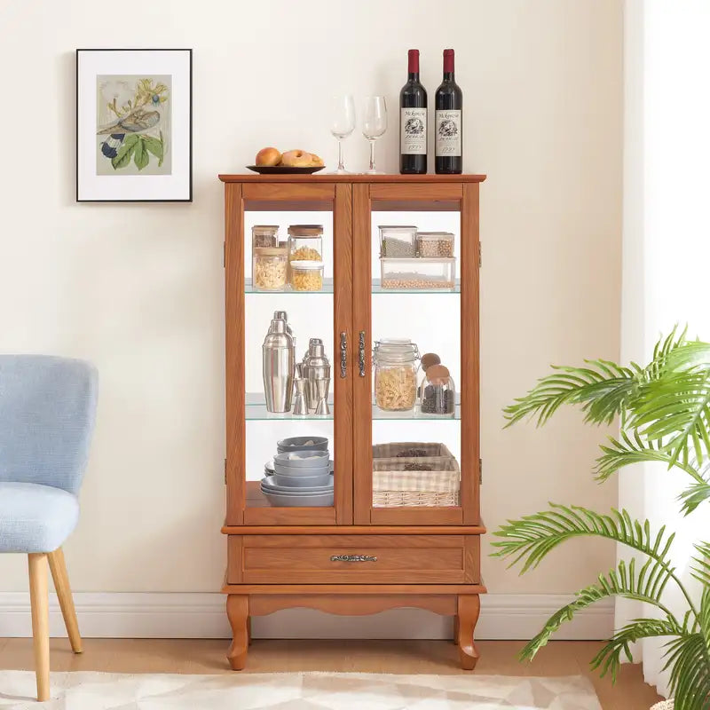 Oak Glass Wine Cabinet with LED Lighting, Adjustable Shelves & Drawer