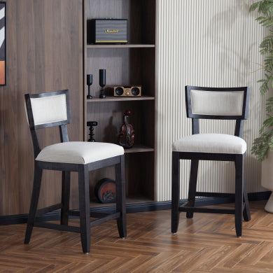 26.5" Upholstered Counter Stools (Set of 2) - Beige & Black - Comfy Back, Solid Rubber Wood Frame, Footrest, Armless - Minihomy