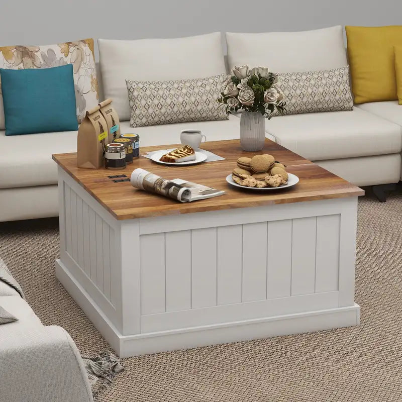 White Farmhouse Coffee Table with Lift Top & Storage - 31.5" Square