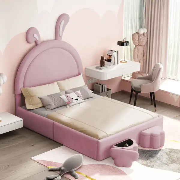 Full Size Upholstered Rabbit Bed with Storage Stools, Pink Velvet Platform Bed with Ears Headboard - Minihomy