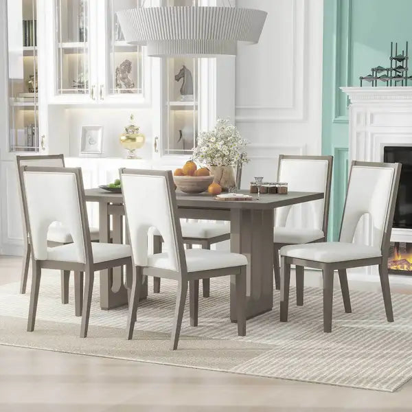 Farmhouse Dining Table Set for 6 | Rectangular Table & Upholstered Chairs (Grey+Beige)