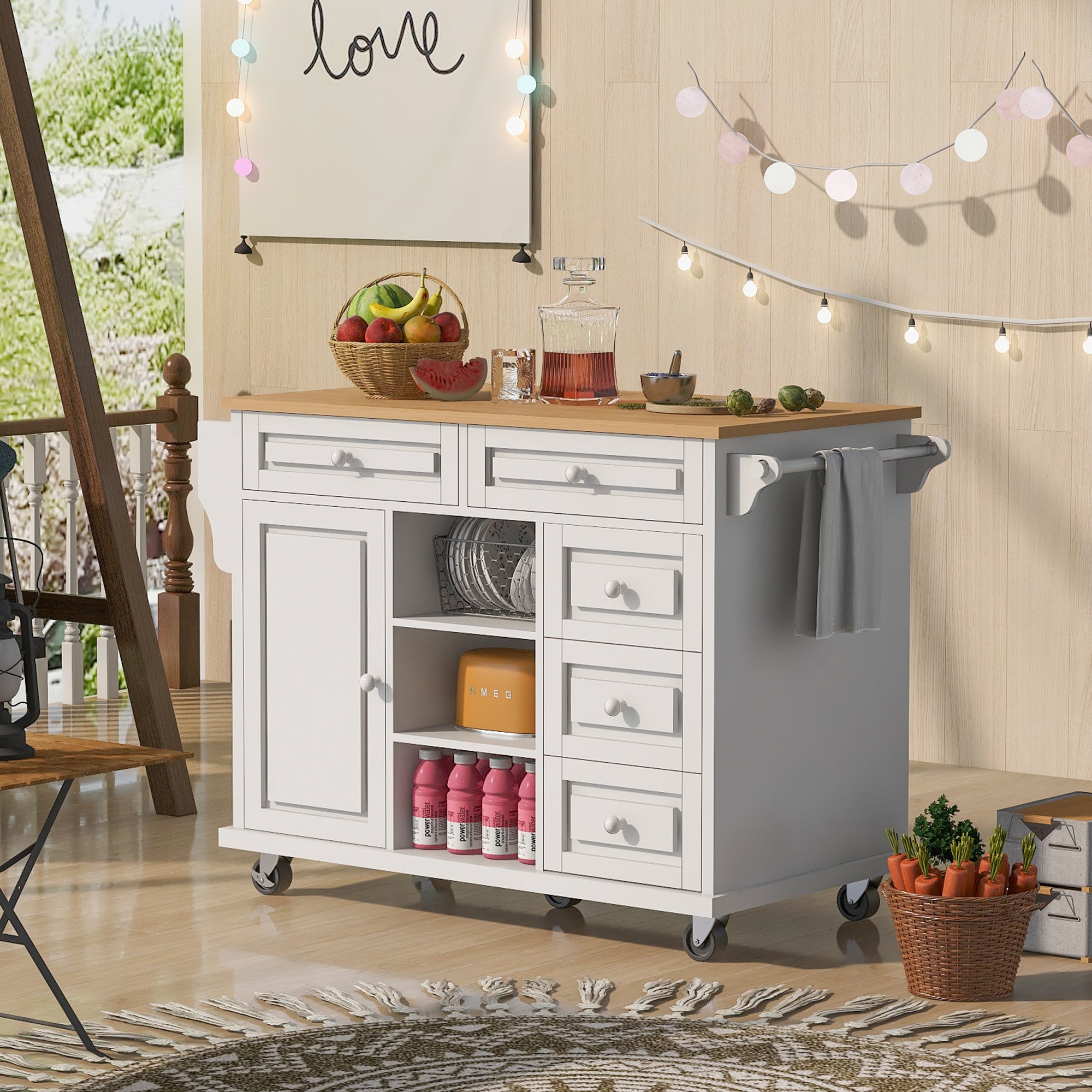 White Kitchen Cart with Rubberwood Desktop, Rolling Mobile Island, Storage & 5 Drawers, 53"