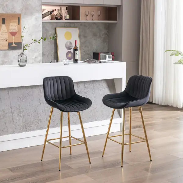 26 Inch Velvet Bar Stools (Set of 2), Chrome Footrest, Golden Legs, Black - Minihomy