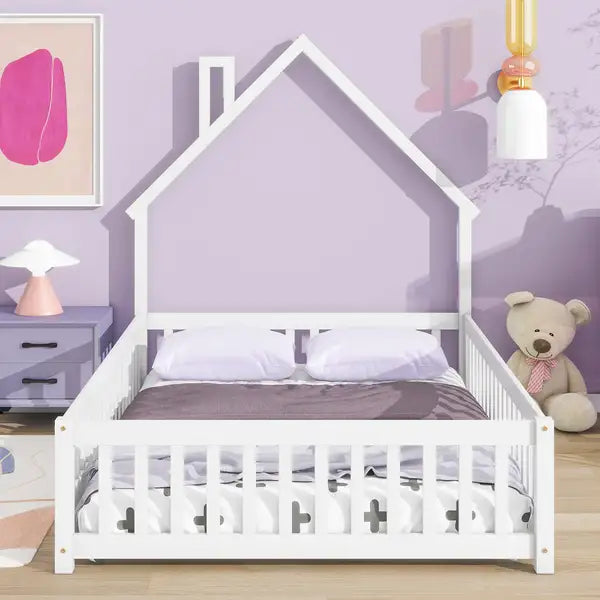 Full House Shaped Headboard Floor Bed with Fence - White for Kids and Adults