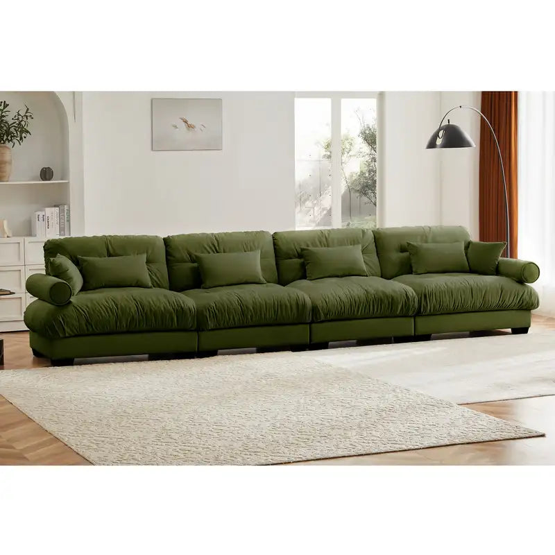 Oversized Olive Green Velvet Sectional Sofa with Ottoman