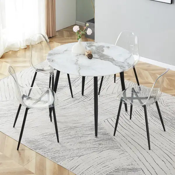 Modern White Marble Round Table & Chair Set - Minimalist Design with Transparent Seats