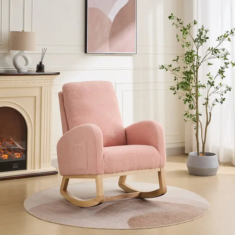 Pink Sherpa Rocking Glider Chair - Nursery Rocking Chair with Side Pocket