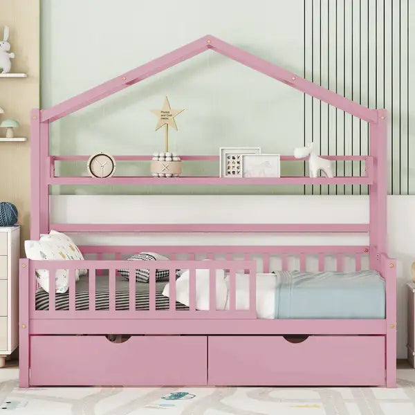 Twin Size House Bed with Storage Drawers & Shelf - Pink for Kids