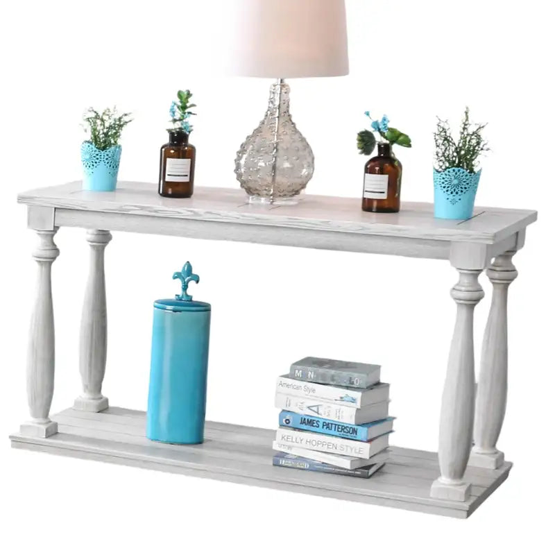 Rustic White Sofa Table with Shelf - Open Bottom Living Room Furniture