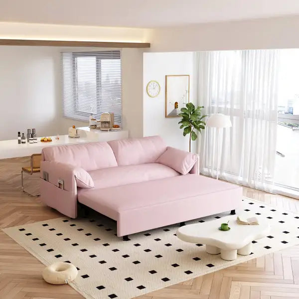 Pink Velvet Queen Pull-Out Sofa Bed with Storage - 3-in-1 Convertible Sleeper