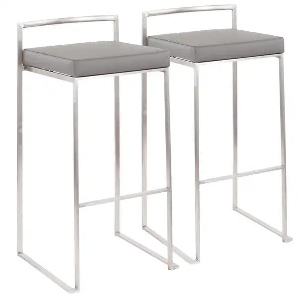 Fuji Stainless Steel Bar Stools with Grey Faux Leather Cushions - Set of 2